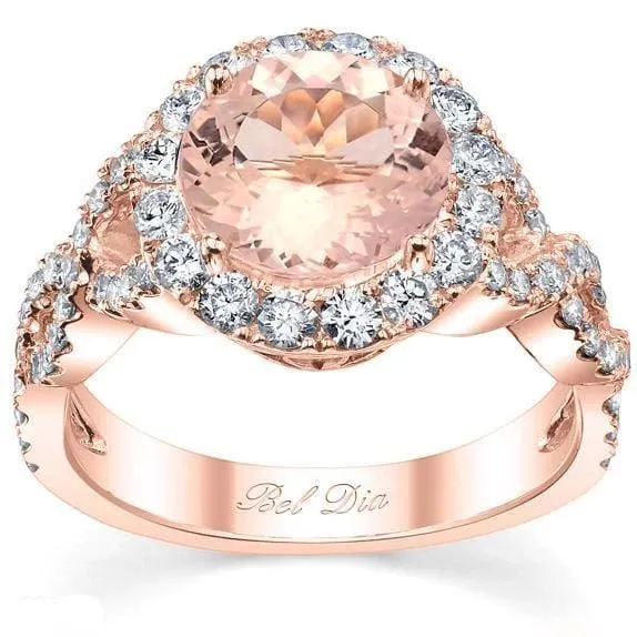 deBebians Rings Morganite Rose Gold Halo Engagement Ring with Twisted Split Shank