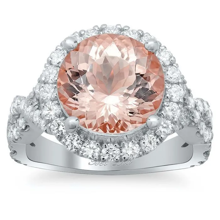 deBebians Rings Morganite Rose Gold Halo Engagement Ring with Twisted Split Shank