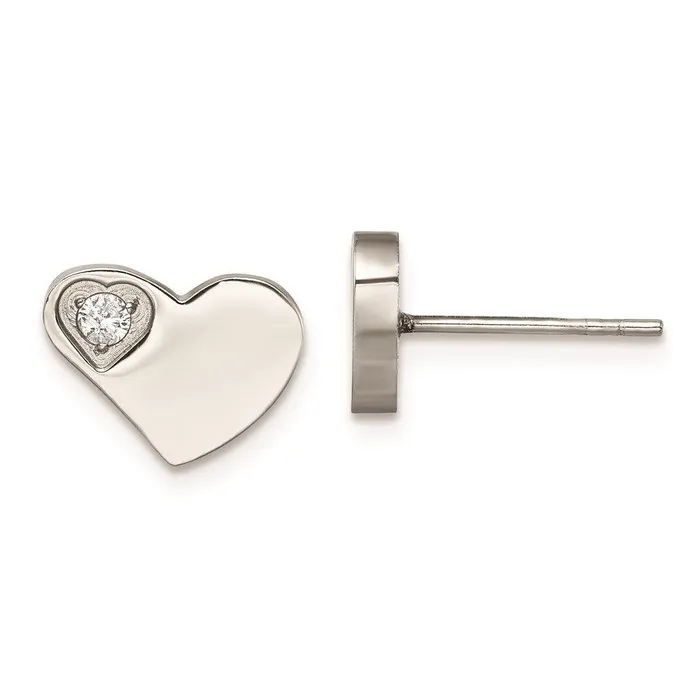 Earrings Chisel Stainless Steel CZ Polished Heart Post Earrings