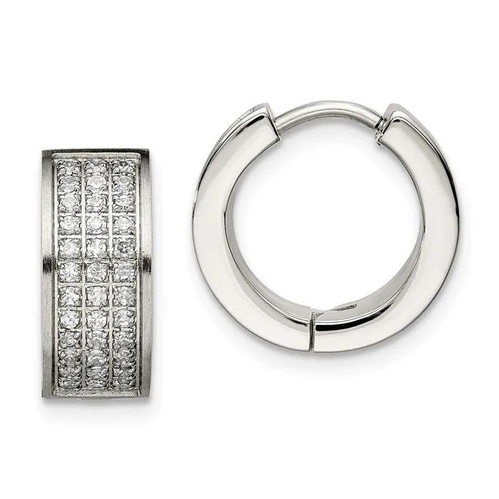 Earrings Chisel Stainless Steel CZ Stones Brushed Polished Hinged Hoop Earrings Earrings Chisel Stainless Steel CZ Stones Brushed Polished Hinged Hoop Earrings