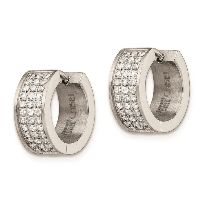 Earrings Chisel Stainless Steel CZ Stones Brushed Polished Hinged Hoop Earrings Earrings Chisel Stainless Steel CZ Stones Brushed Polished Hinged Hoop Earrings