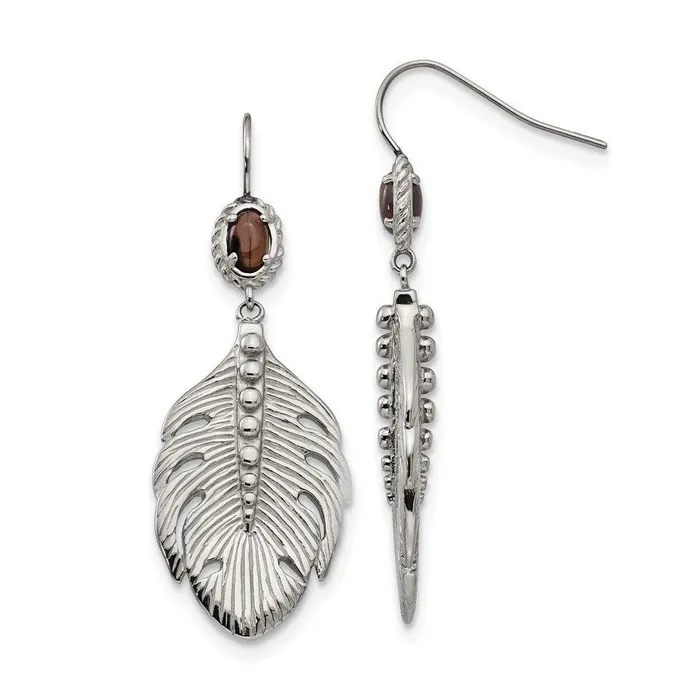 Earrings Chisel Stainless Steel Polished Smoky Quartz Feather Earrings
