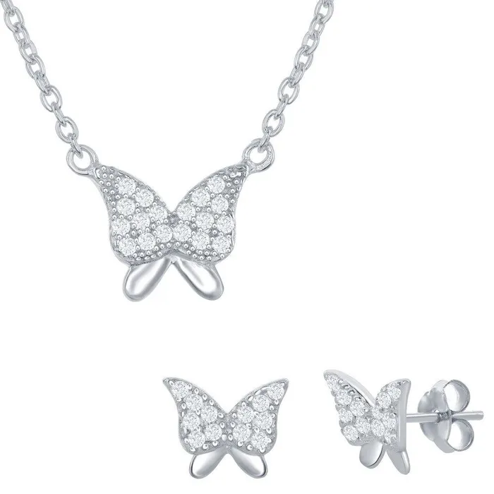 Earrings Classic Sterling Silver CZ Butterfly Necklace and Earrings Set