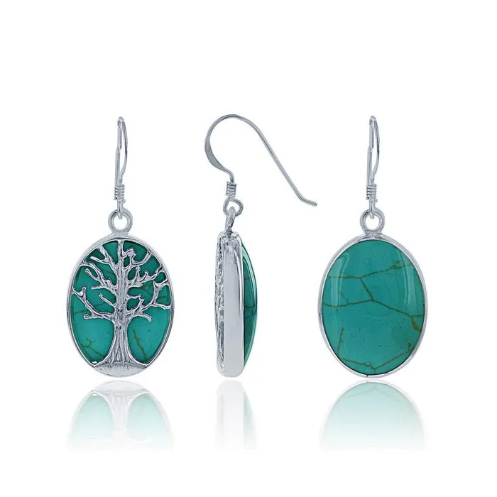 Earrings Classic Sterling Silver Green Turquoise with Tree Earrings