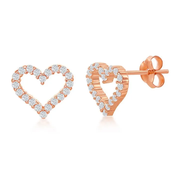 Earrings Classic Sterling Silver Rose Gold Plated Open Heart CZ Stud Earrings
