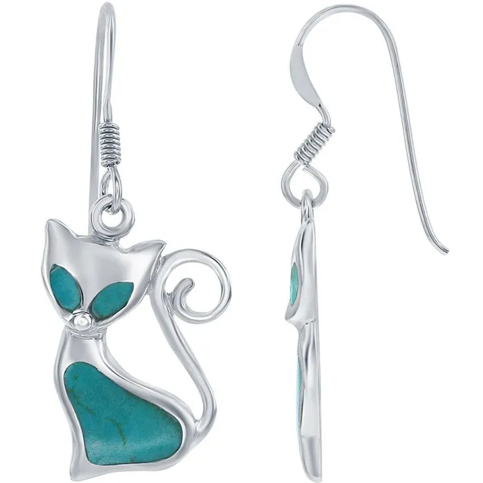 Earrings Classic Womens Earrings Created Turquoise Cat Design French Wire Closure D8035 Classic Earrings Classic Womens Earrings Created Turquoise Cat Design French Wire Closure D8035 Classic