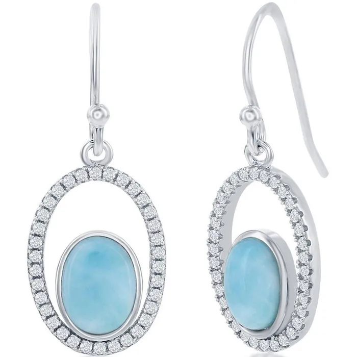 Earrings Classic Womens Earrings Sterling Silver Oval Larimar with CZ D7874 Earrings Classic Womens Earrings Sterling Silver Oval Larimar with CZ D7874