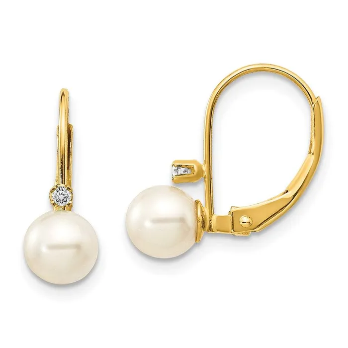 Earrings Jewelry 14k 56mm White Round FW Cultured Pearl AA Diamond Leverback Earrings Earrings Jewelry 14k 56mm White Round FW Cultured Pearl AA Diamond Leverback Earrings