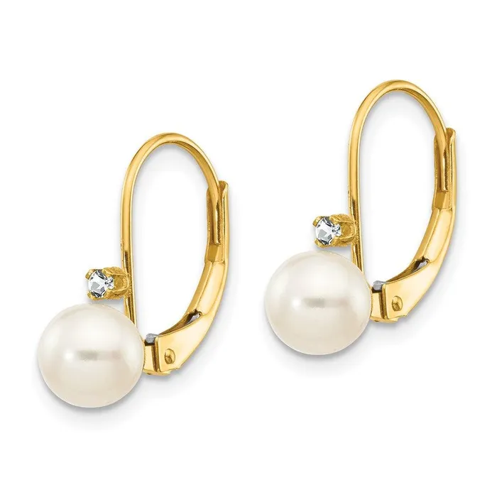 Earrings Jewelry 14k 56mm White Round FW Cultured Pearl AA Diamond Leverback Earrings Earrings Jewelry 14k 56mm White Round FW Cultured Pearl AA Diamond Leverback Earrings