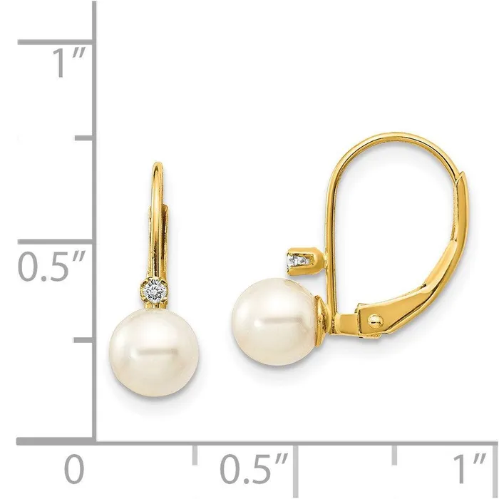 Earrings Jewelry 14k 56mm White Round FW Cultured Pearl AA Diamond Leverback Earrings Earrings Jewelry 14k 56mm White Round FW Cultured Pearl AA Diamond Leverback Earrings