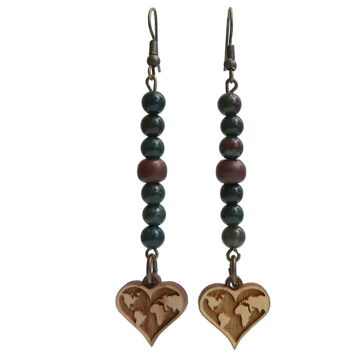 Earrings Satin Crystals Bloodstone Earrings Love of Travel Wood Map Hearts