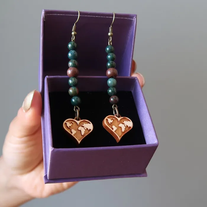 Earrings Satin Crystals Bloodstone Earrings Love of Travel Wood Map Hearts