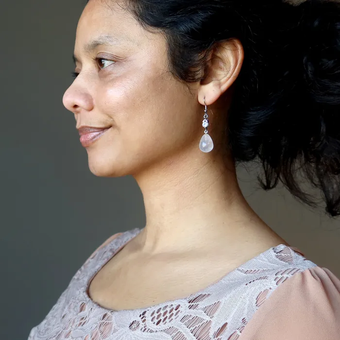 Earrings Satin Crystals Rose Quartz Earrings Drop of Love Luminous Pink Soul Stones