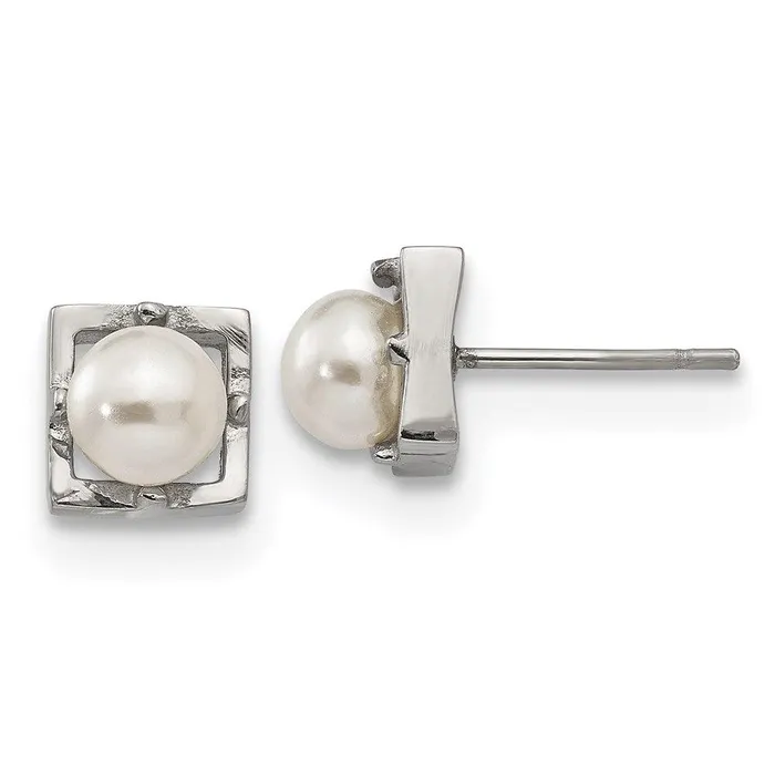 Earrings Stainless Steel Polished Simulated Pearl Square Post Earrings Chisel Earrings Stainless Steel Polished Simulated Pearl Square Post Earrings Chisel