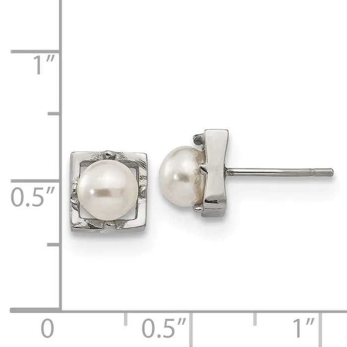 Earrings Stainless Steel Polished Simulated Pearl Square Post Earrings Chisel Earrings Stainless Steel Polished Simulated Pearl Square Post Earrings Chisel