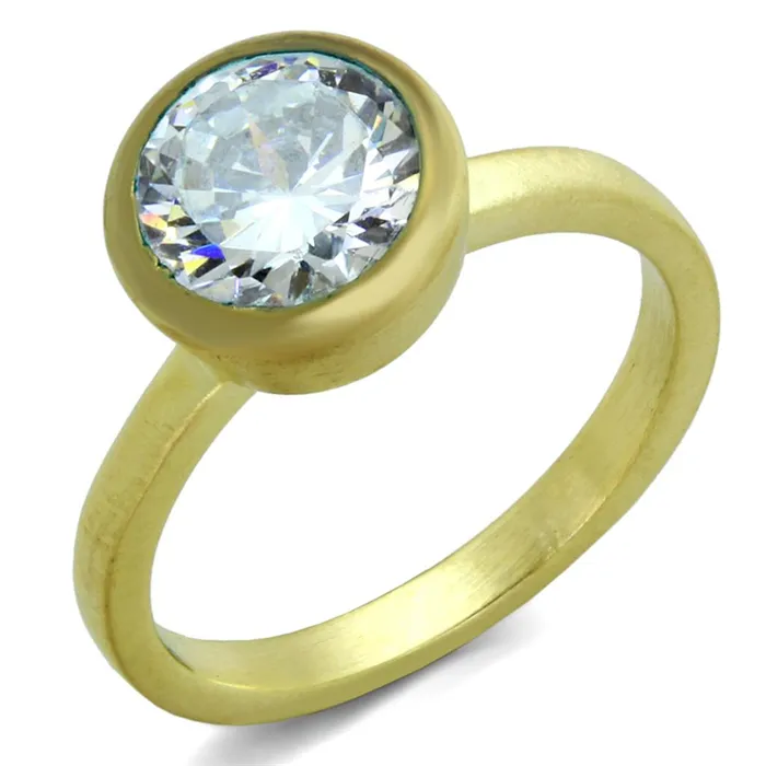 LO3538 Gold Brush Brass Ring with AAA Grade CZ in Clear Alamode Rings