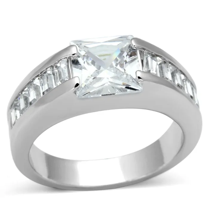 LOA843 Rhodium Brass Ring with AAA Grade CZ in Clear Alamode Rings