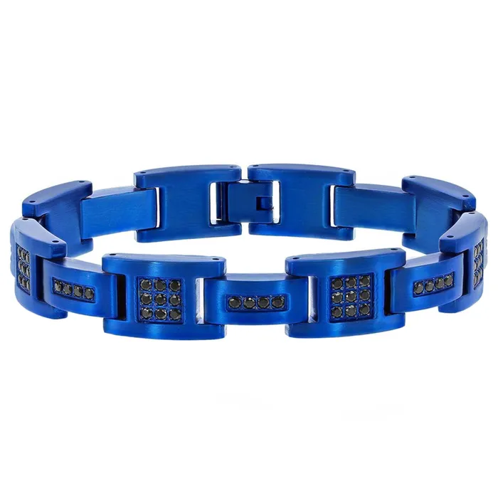 Mens Bracelet Blue Plated Stainless Steel and Black CZ Link ST1610 Classic Bracelets Mens Bracelet Blue Plated Stainless Steel and Black CZ Link ST1610 Classic Bracelets