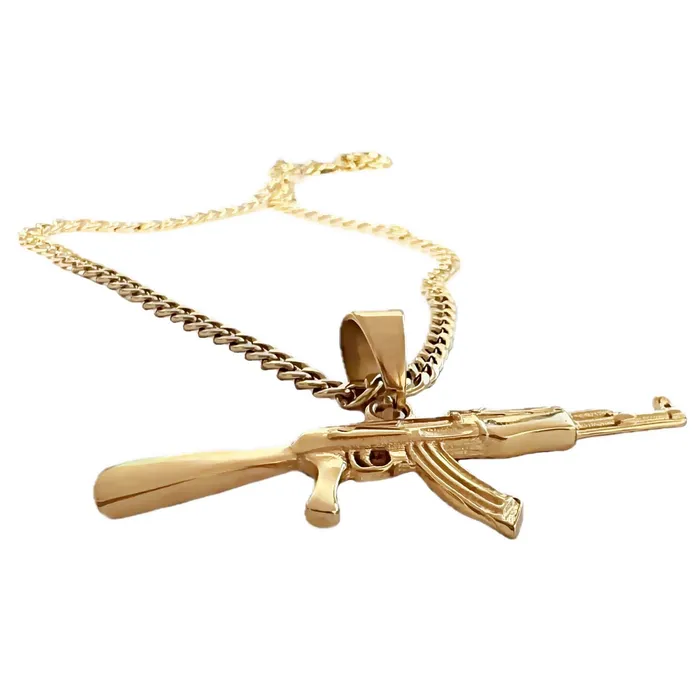 Necklaces Bling Cartel 14K Gold Plated Stainless Steel Cuban Chain AK47 Necklace 24 Necklaces Bling Cartel 14K Gold Plated Stainless Steel Cuban Chain AK47 Necklace 24