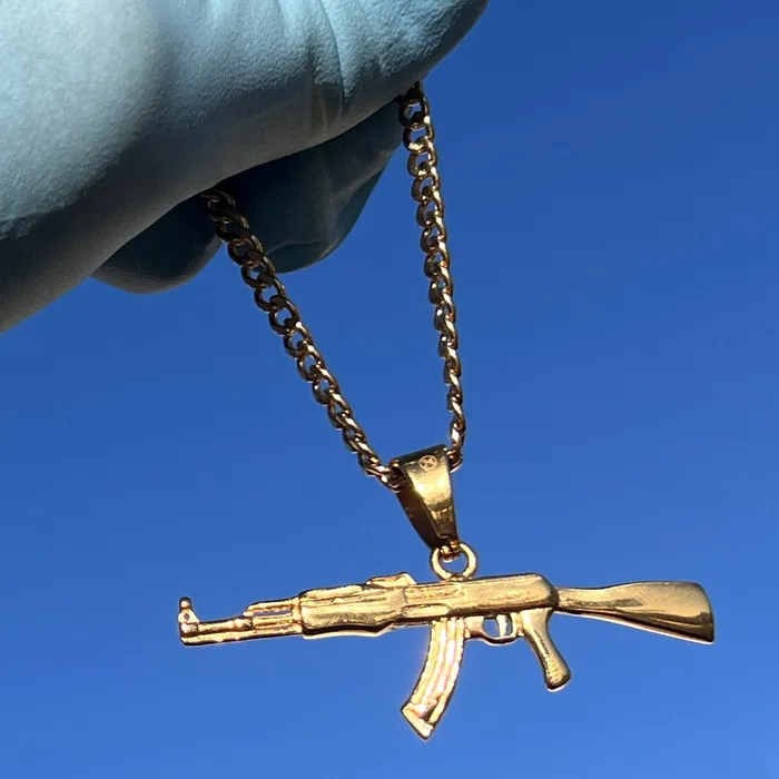 Necklaces Bling Cartel 14K Gold Plated Stainless Steel Cuban Chain AK47 Necklace 24 Necklaces Bling Cartel 14K Gold Plated Stainless Steel Cuban Chain AK47 Necklace 24