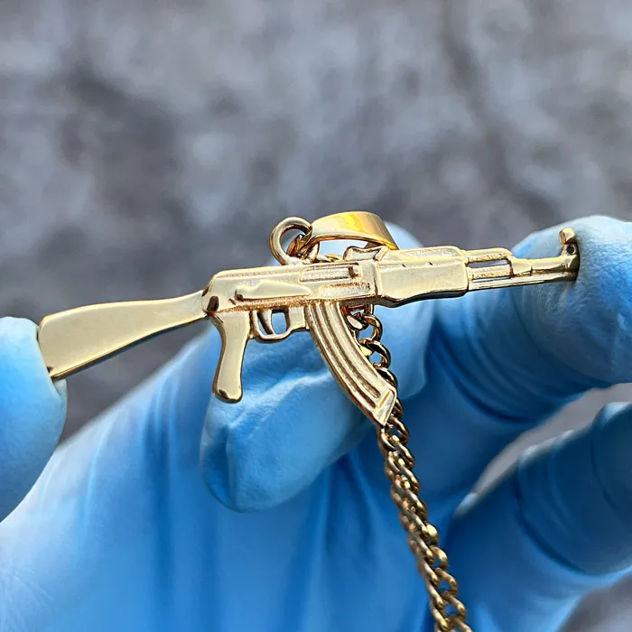 Necklaces Bling Cartel 14K Gold Plated Stainless Steel Cuban Chain AK47 Necklace 24 Necklaces Bling Cartel 14K Gold Plated Stainless Steel Cuban Chain AK47 Necklace 24