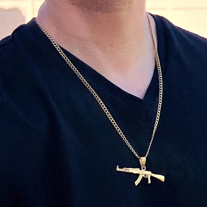 Necklaces Bling Cartel 14K Gold Plated Stainless Steel Cuban Chain AK47 Necklace 24 Necklaces Bling Cartel 14K Gold Plated Stainless Steel Cuban Chain AK47 Necklace 24