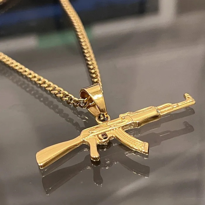 Necklaces Bling Cartel 14K Gold Plated Stainless Steel Cuban Chain AK47 Necklace 24 Necklaces Bling Cartel 14K Gold Plated Stainless Steel Cuban Chain AK47 Necklace 24