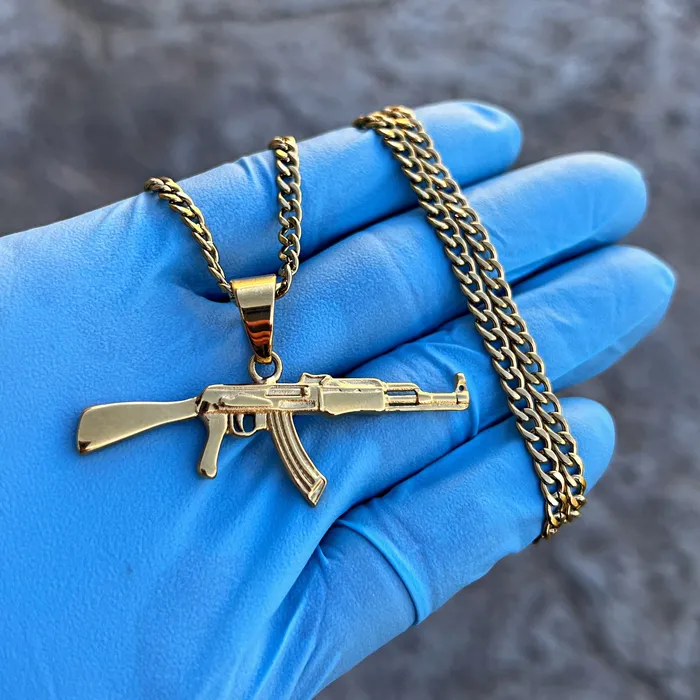 Necklaces Bling Cartel 14K Gold Plated Stainless Steel Cuban Chain AK47 Necklace 24 Necklaces Bling Cartel 14K Gold Plated Stainless Steel Cuban Chain AK47 Necklace 24