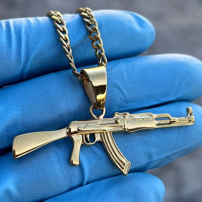 Necklaces Bling Cartel 14K Gold Plated Stainless Steel Cuban Chain AK47 Necklace 24 Necklaces Bling Cartel 14K Gold Plated Stainless Steel Cuban Chain AK47 Necklace 24