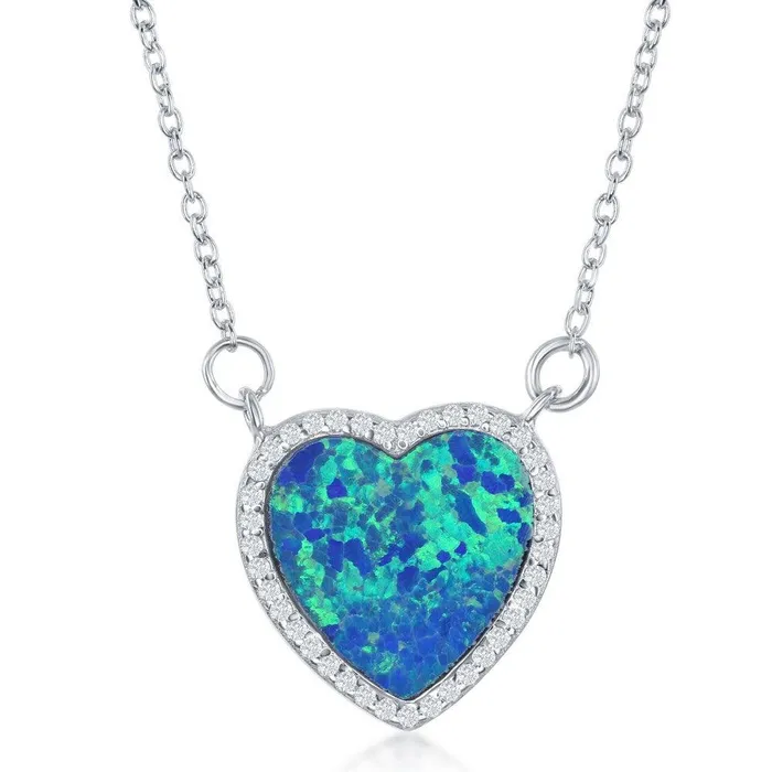 Necklaces Classic Sterling Silver Blue Inlay Opal Heart with CZ Border Necklace Necklaces Classic Sterling Silver Blue Inlay Opal Heart with CZ Border Necklace