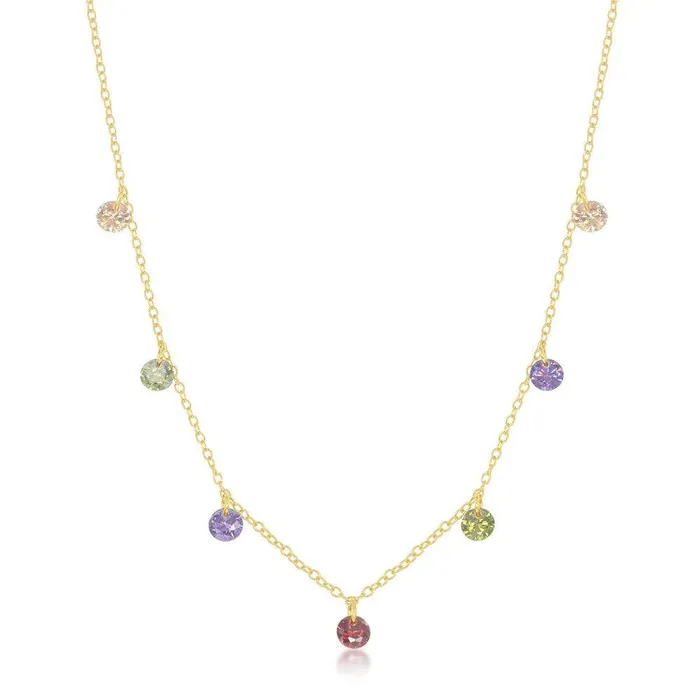 Necklaces Classic Sterling Silver Gold Plated Dangling Rainbow CZ Necklace Necklaces Classic Sterling Silver Gold Plated Dangling Rainbow CZ Necklace