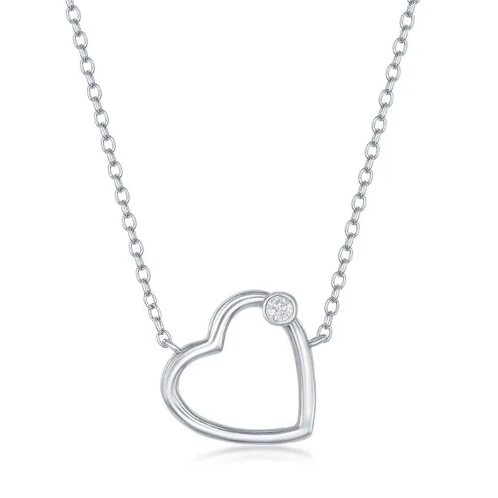 Necklaces Classic Sterling Silver Heart with Single Cubic Zirconia Necklace Necklaces Classic Sterling Silver Heart with Single Cubic Zirconia Necklace