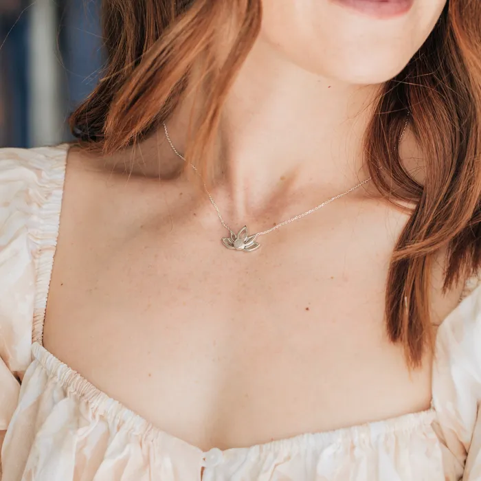 Necklaces Lotus Flower Cremation Necklace in 14K White Gold closebymejewelry