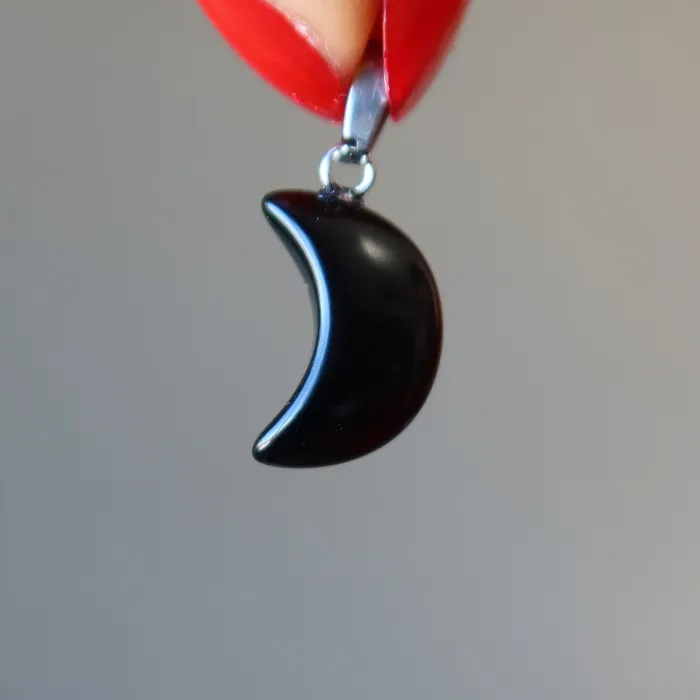Necklaces Satin Crystals Black Obsidian Pendant Crescent New Moon Silver