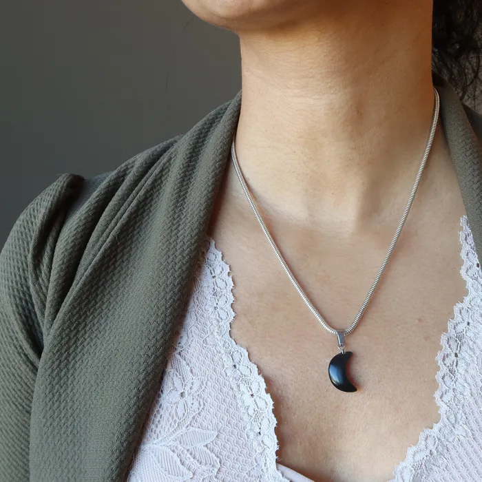 Necklaces Satin Crystals Black Obsidian Pendant Crescent New Moon Silver