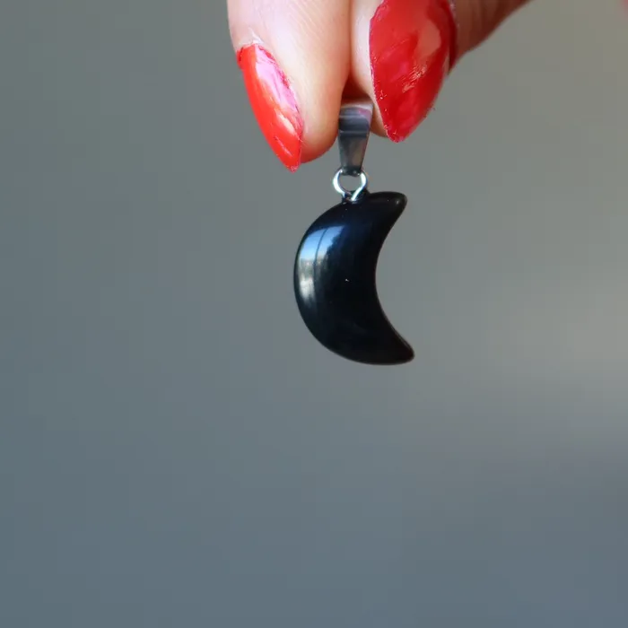 Necklaces Satin Crystals Black Obsidian Pendant Crescent New Moon Silver