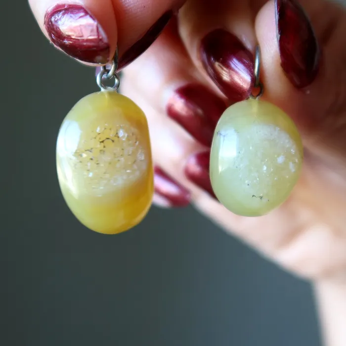 Necklaces Satin Crystals Druzy Quartz Pendant Oval Yellow Agate Stone