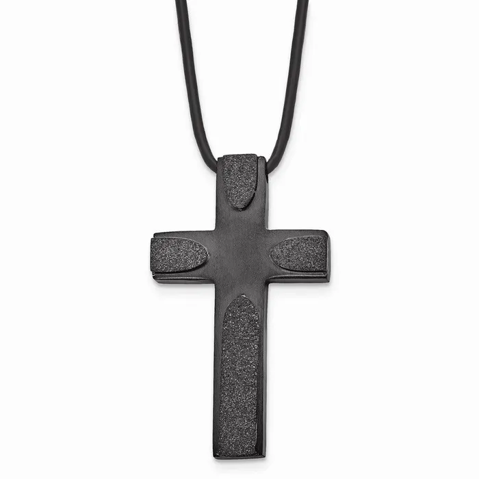 Necklaces Stainless Steel Brushed LaserCut Blk IP Cross wLeather Cord Necklace Chisel Necklaces Stainless Steel Brushed LaserCut Blk IP Cross wLeather Cord Necklace Chisel