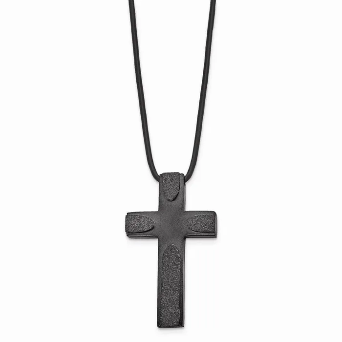 Necklaces Stainless Steel Brushed LaserCut Blk IP Cross wLeather Cord Necklace Chisel Necklaces Stainless Steel Brushed LaserCut Blk IP Cross wLeather Cord Necklace Chisel