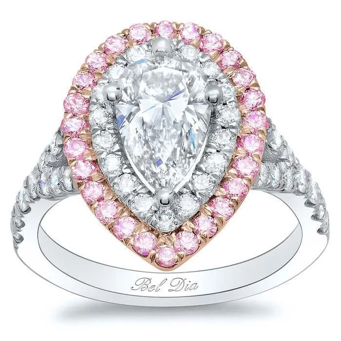 Pink Sapphire Two Tone Pear Double Halo Engagement Ring deBebians Rings