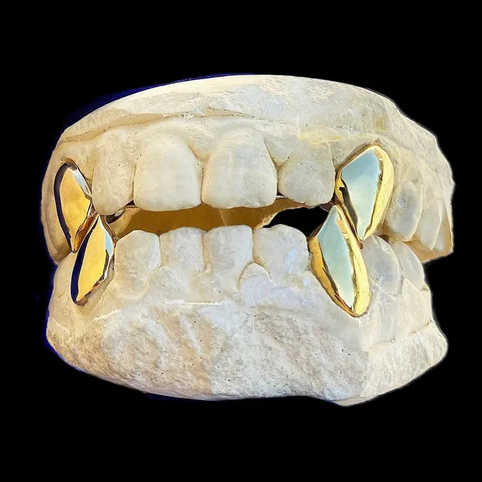 PreStyled Sets Bling Cartel Admin Real Solid 10K Gold Four Vampire Fangs wBack Bars Custom Grillz