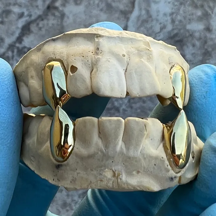 PreStyled Sets Bling Cartel Admin Real Solid 10K Gold Four Vampire Fangs wBack Bars Custom Grillz