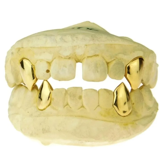 PreStyled Sets Bling Cartel Admin Real Solid 10K Gold Four Vampire Fangs wBack Bars Custom Grillz