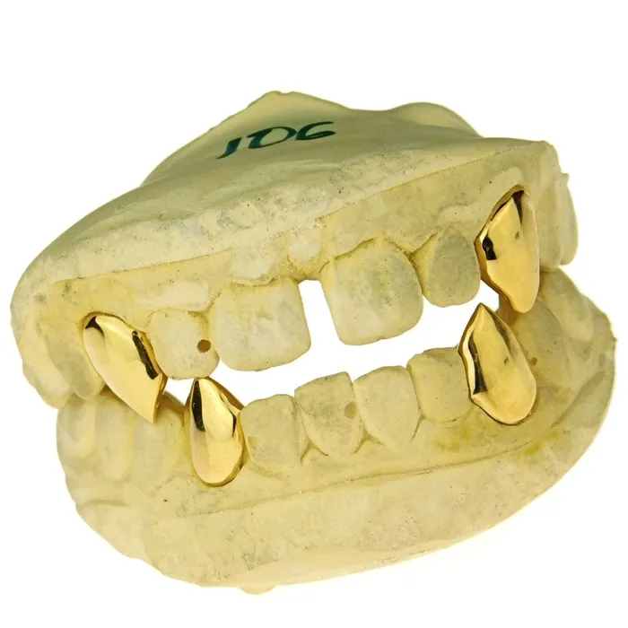 PreStyled Sets Bling Cartel Admin Real Solid 10K Gold Four Vampire Fangs wBack Bars Custom Grillz
