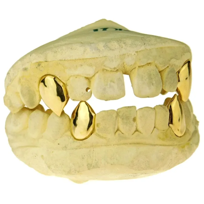 PreStyled Sets Bling Cartel Admin Real Solid 10K Gold Four Vampire Fangs wBack Bars Custom Grillz