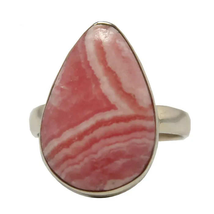 Rhodochrosite Ring Teardrop of Joy Sterling Silver Size 10 Satin Crystals Rings