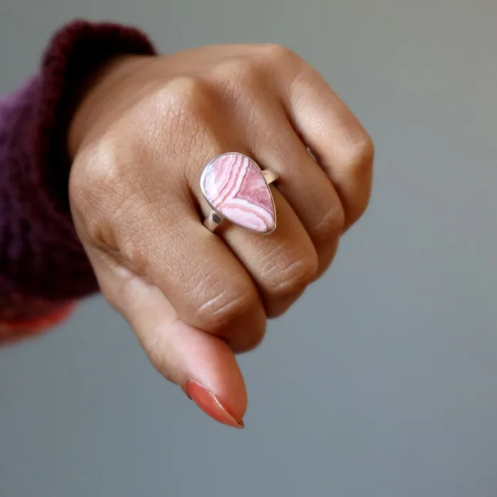 Rhodochrosite Ring Teardrop of Joy Sterling Silver Size 10 Satin Crystals Rings