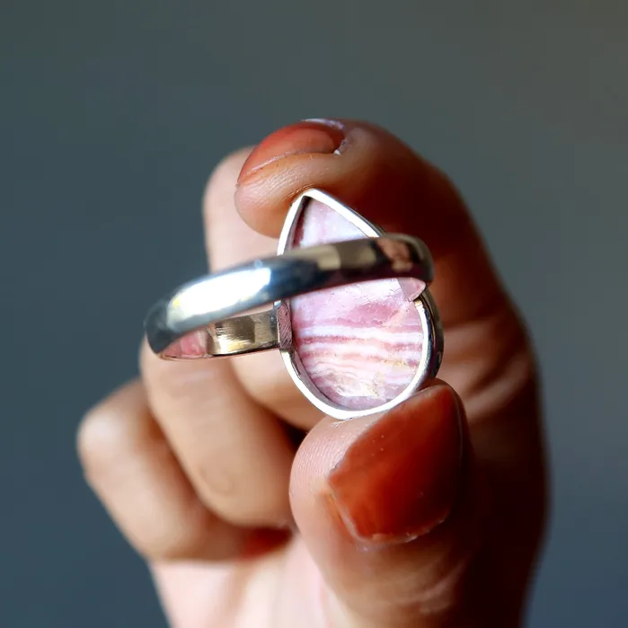 Rhodochrosite Ring Teardrop of Joy Sterling Silver Size 10 Satin Crystals Rings
