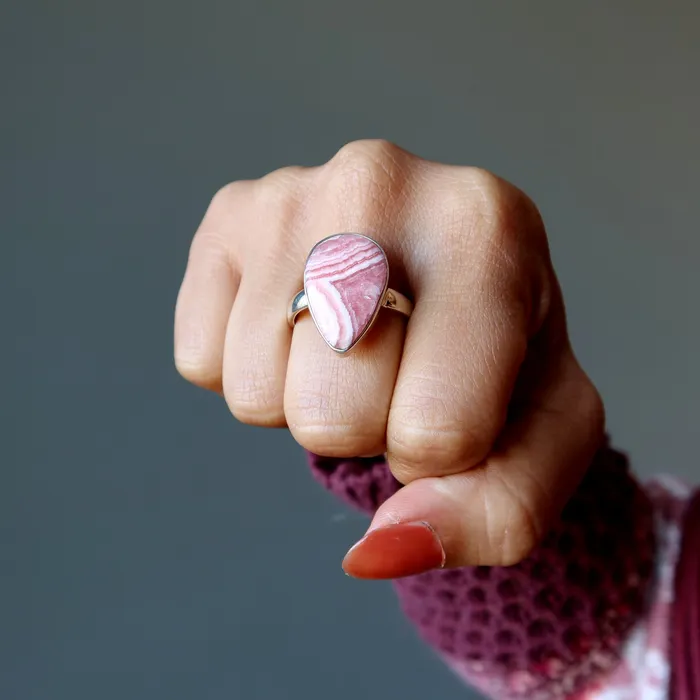 Rhodochrosite Ring Teardrop of Joy Sterling Silver Size 10 Satin Crystals Rings