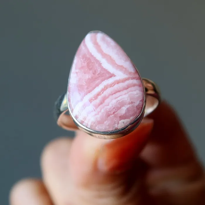 Rhodochrosite Ring Teardrop of Joy Sterling Silver Size 10 Satin Crystals Rings